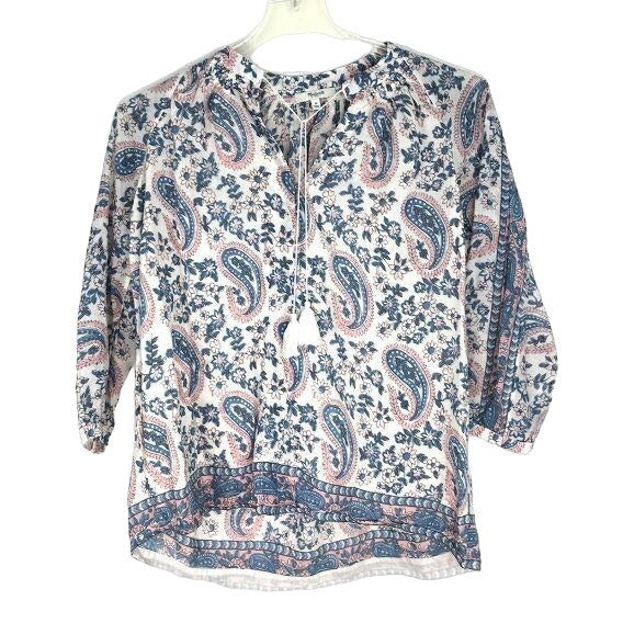 Madewell M Paisley Peasant Blouse Blue Pink V Neck Tassel 3/4 Sleeve Boho Hippie