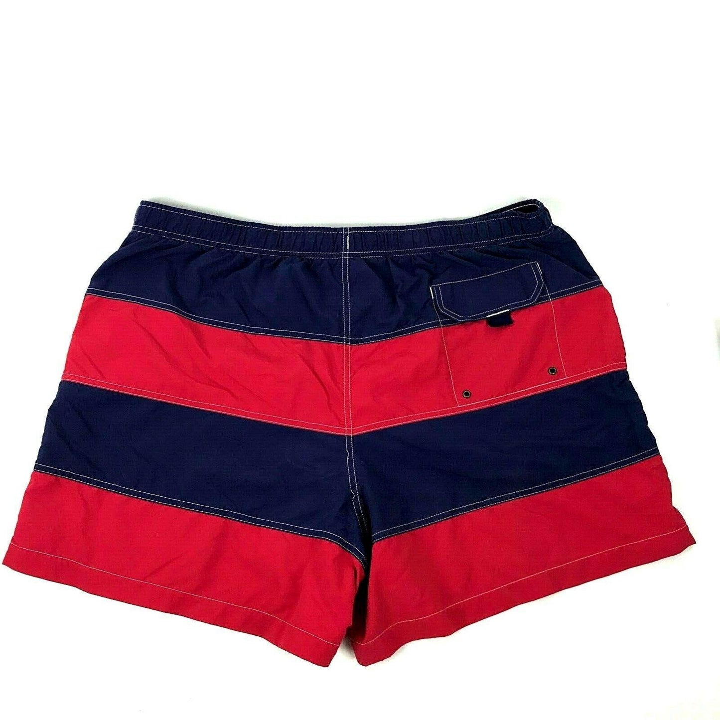 Lands End XXL 44-48 Red Blue Drawstring Swim Trunks Elastic Waist Lined Pockets