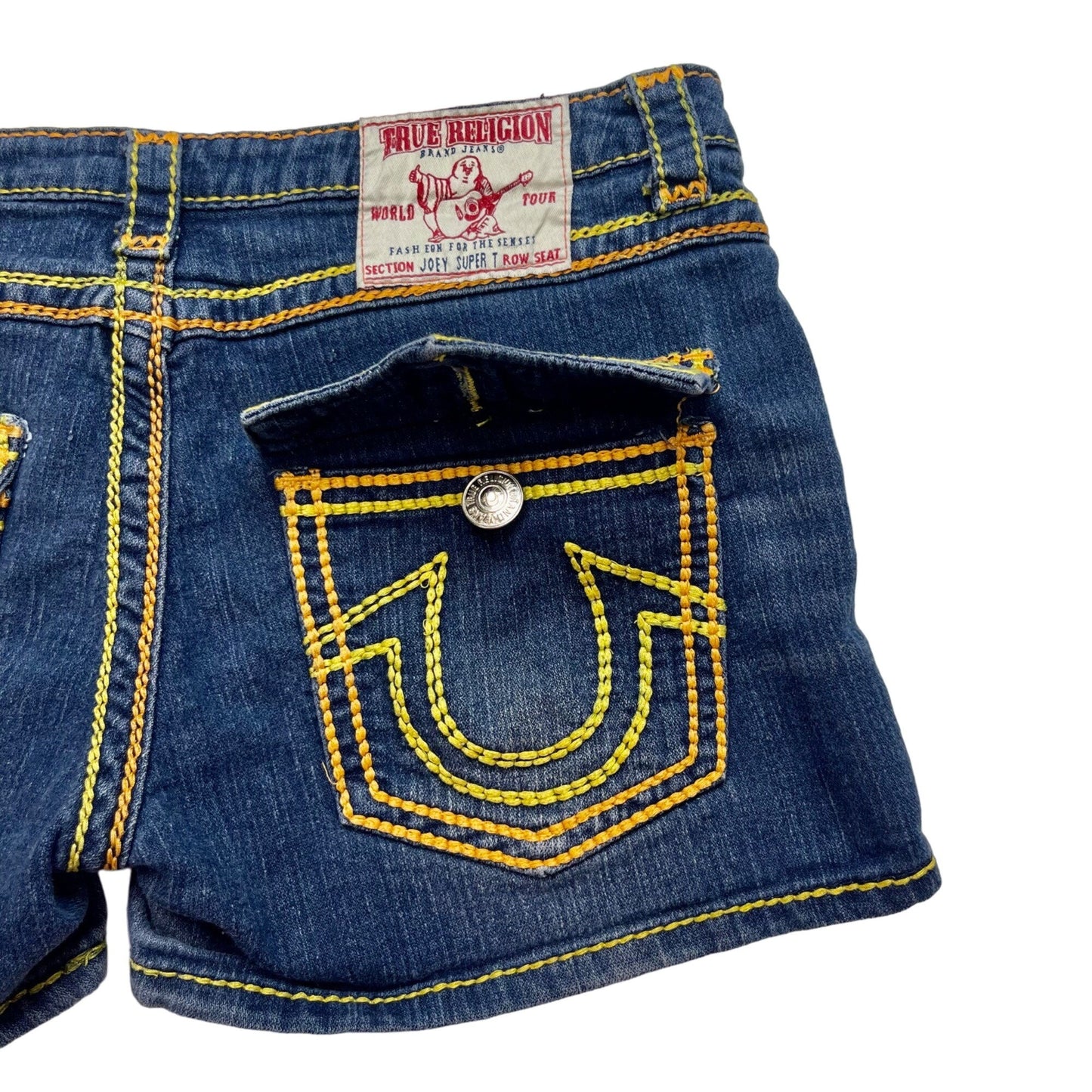 True Religion Womens 32 Joey Super T Shorts Blue Denim Thick Yellow Stitching