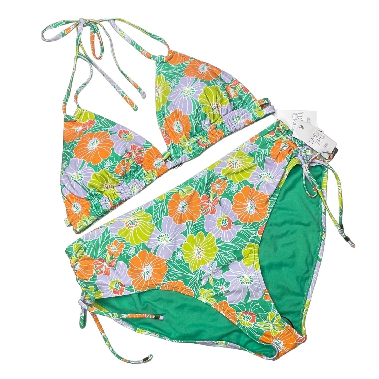 NWT Time and Tru 1XL Floral String Bikini Mid Rise Bottoms Green Bright Swimwear