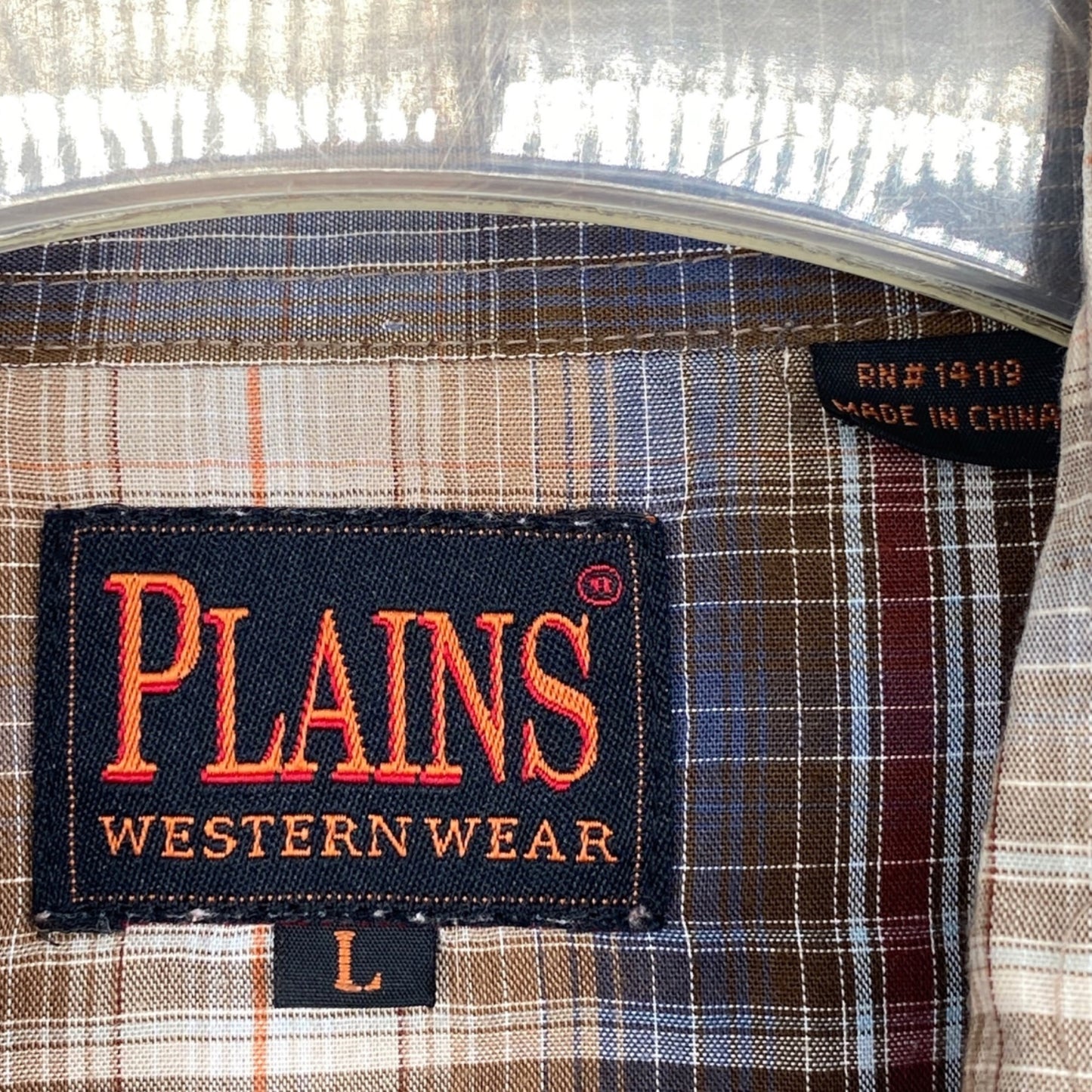 Plains Western Wear L Pearl Snap Button Up Brown Blue Red Plaid Long Sleeve Thin