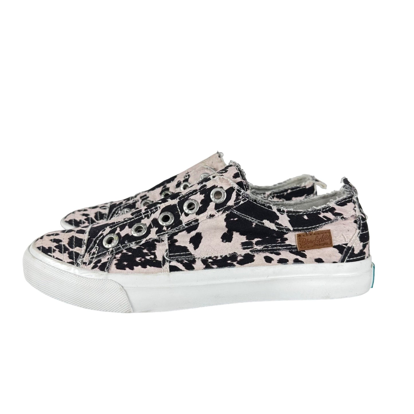 NWOB Blowfish Malibu Womens 9 Black White Cow Print Canvas Slip On Sneaker