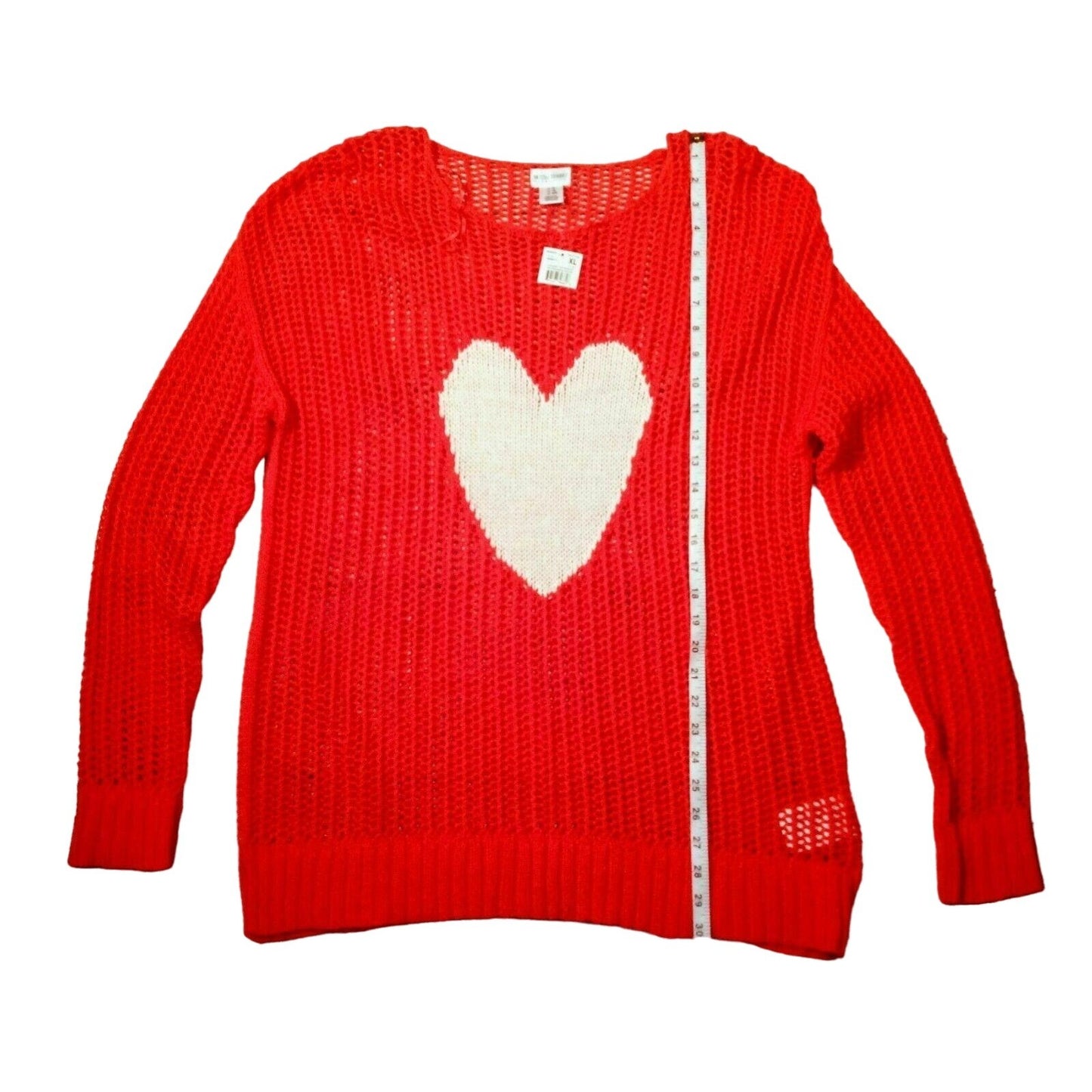 NWT Motherhood Maternity Heart XL Sweater Open Knit Long Sleeve Red White Casual