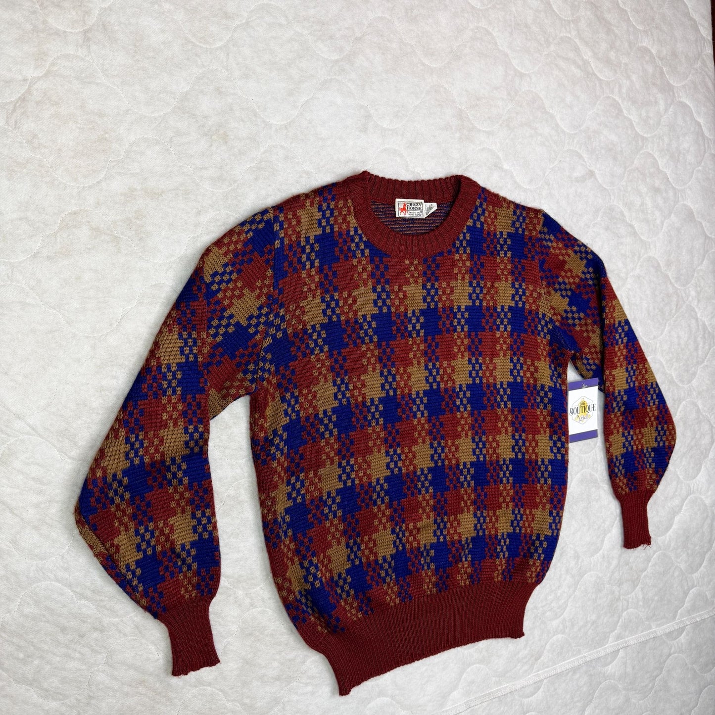 Vtg Crazy Horse Pullover Sweater Wool Blend Pixelated Plaid Granny Retro 90s M