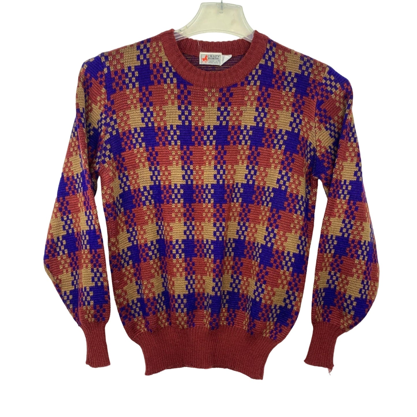 Vtg Crazy Horse Pullover Sweater Wool Blend Pixelated Plaid Granny Retro 90s M