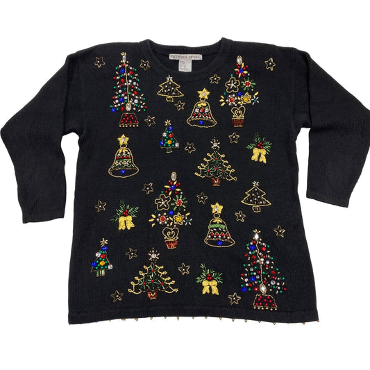 Womens Vtg Christmas Sweater Victoria Jones Black Beaded Tunic Shoulder Pads L