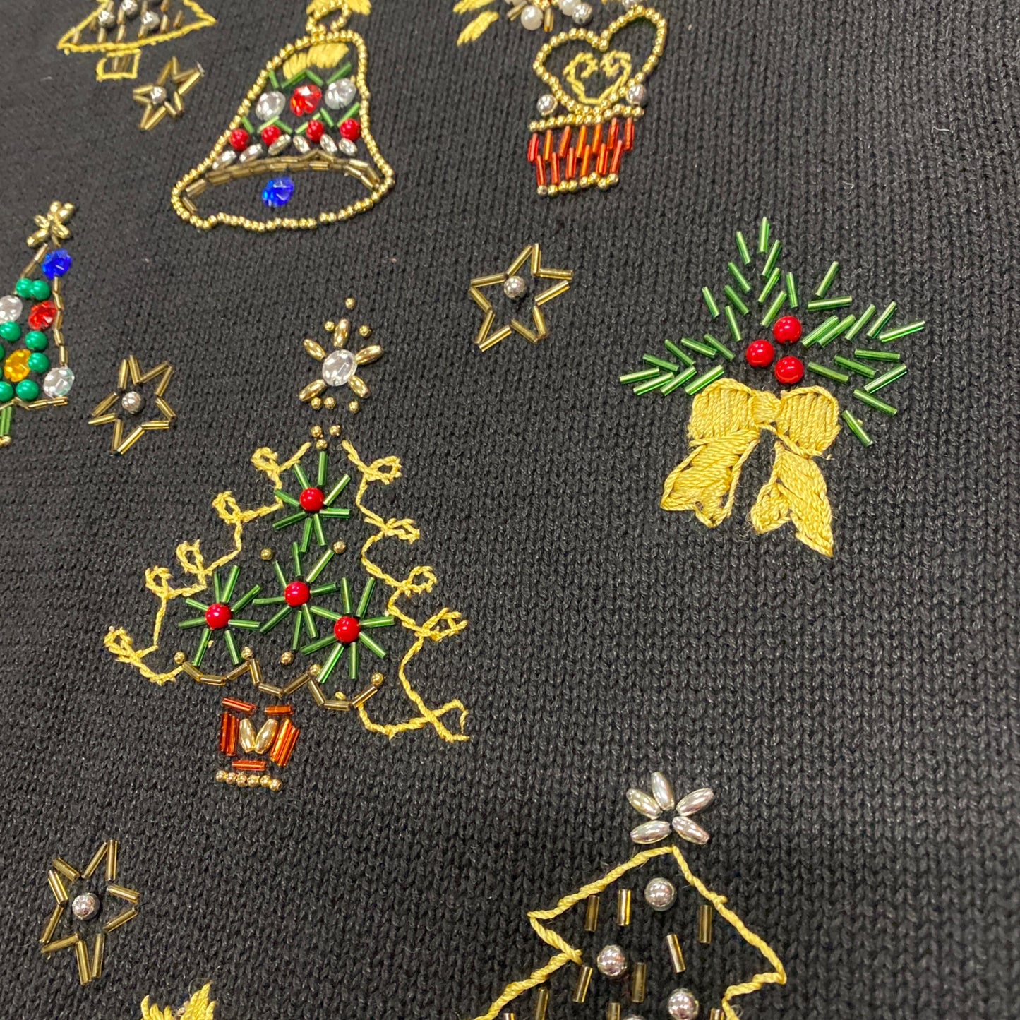 Womens Vtg Christmas Sweater Victoria Jones Black Beaded Tunic Shoulder Pads L