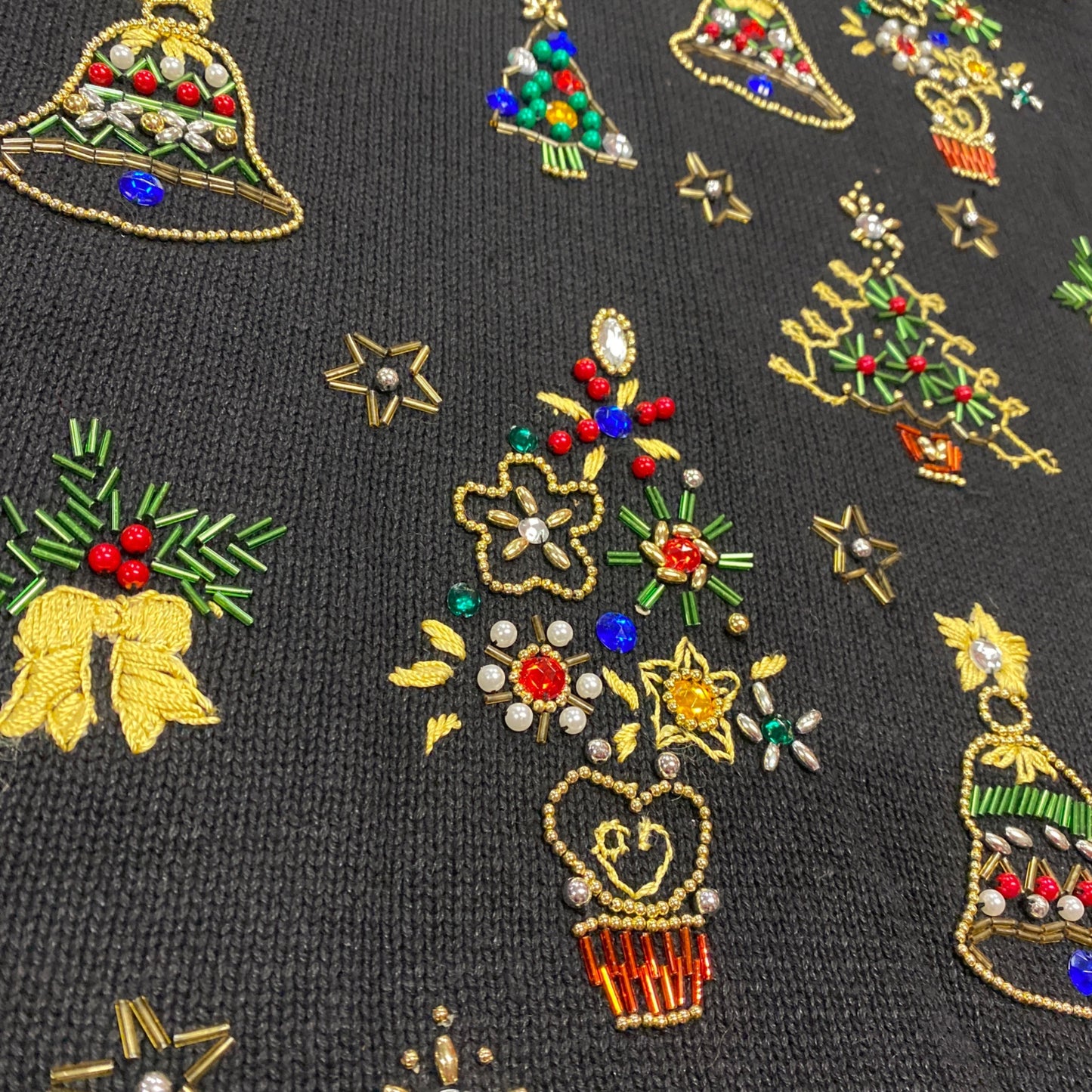 Womens Vtg Christmas Sweater Victoria Jones Black Beaded Tunic Shoulder Pads L