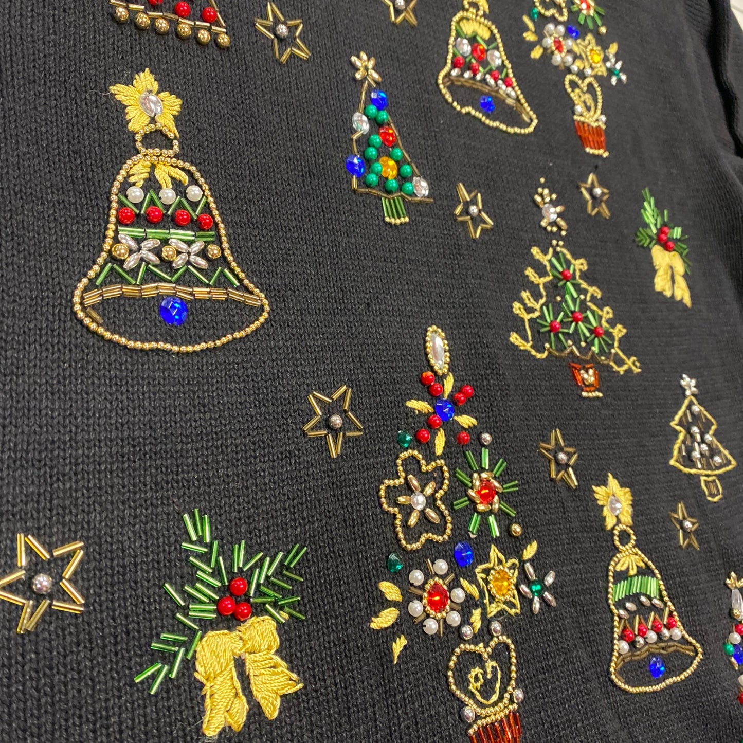 Womens Vtg Christmas Sweater Victoria Jones Black Beaded Tunic Shoulder Pads L