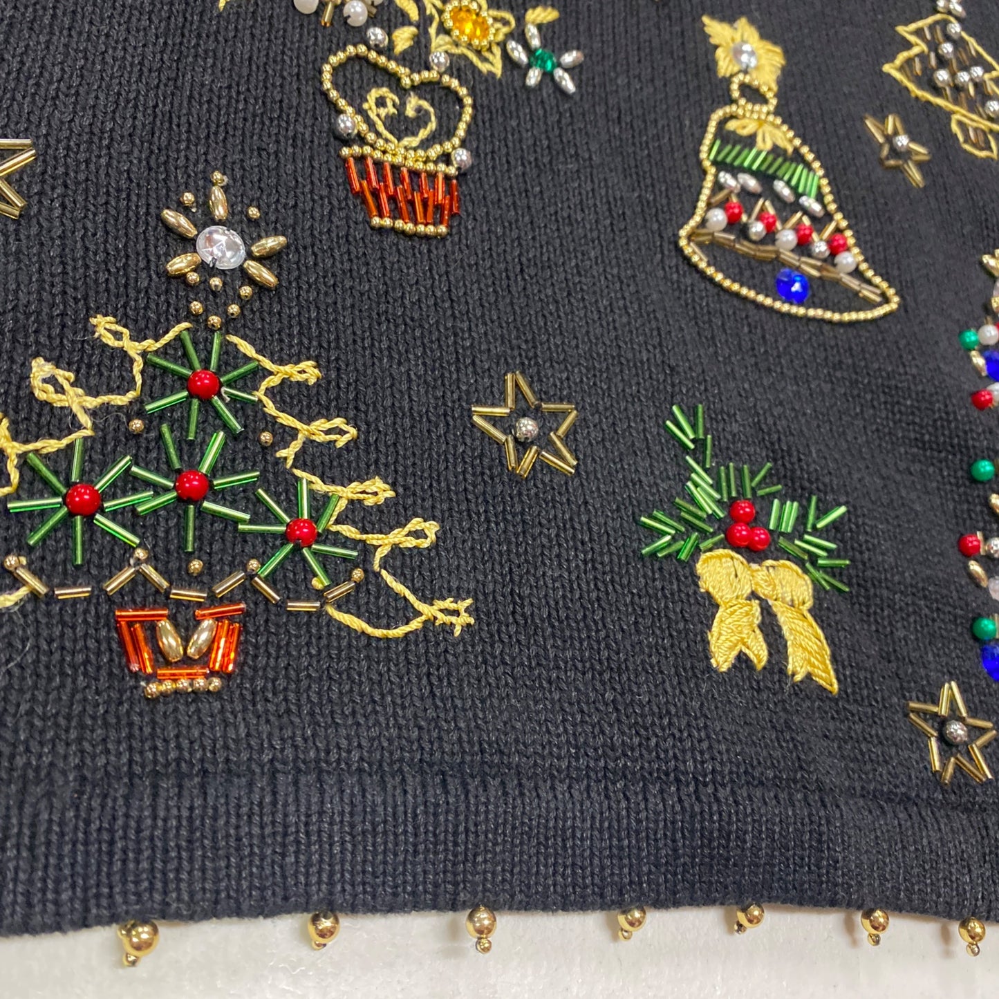 Womens Vtg Christmas Sweater Victoria Jones Black Beaded Tunic Shoulder Pads L