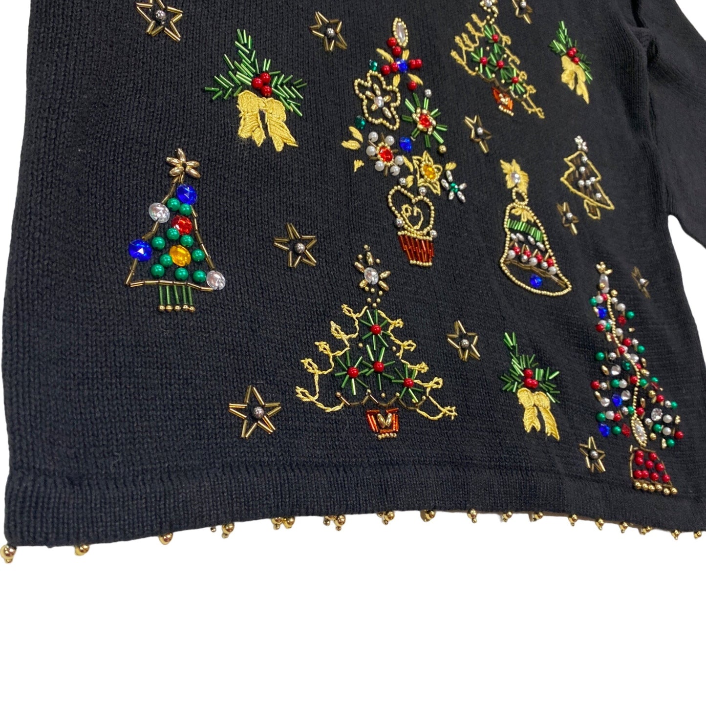 Womens Vtg Christmas Sweater Victoria Jones Black Beaded Tunic Shoulder Pads L