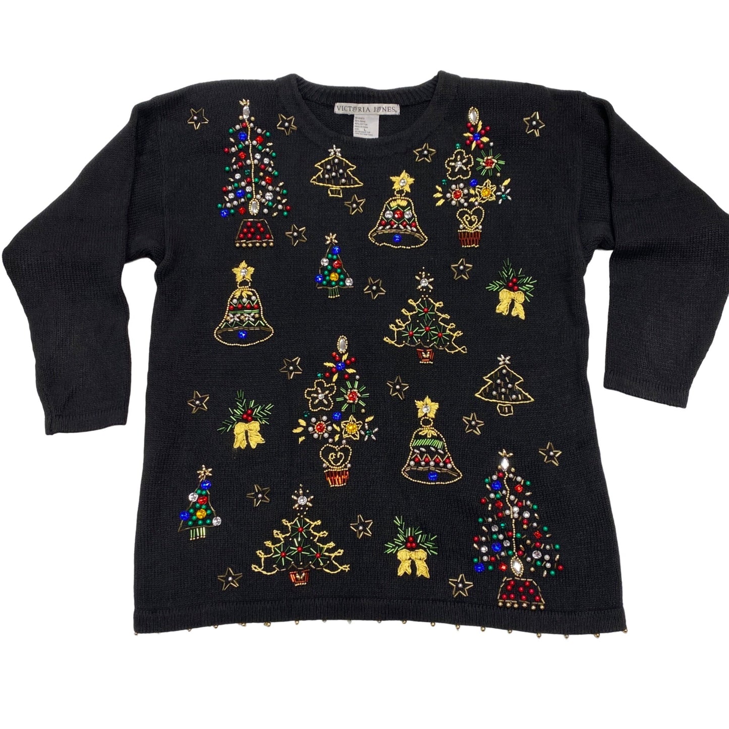 Womens Vtg Christmas Sweater Victoria Jones Black Beaded Tunic Shoulder Pads L