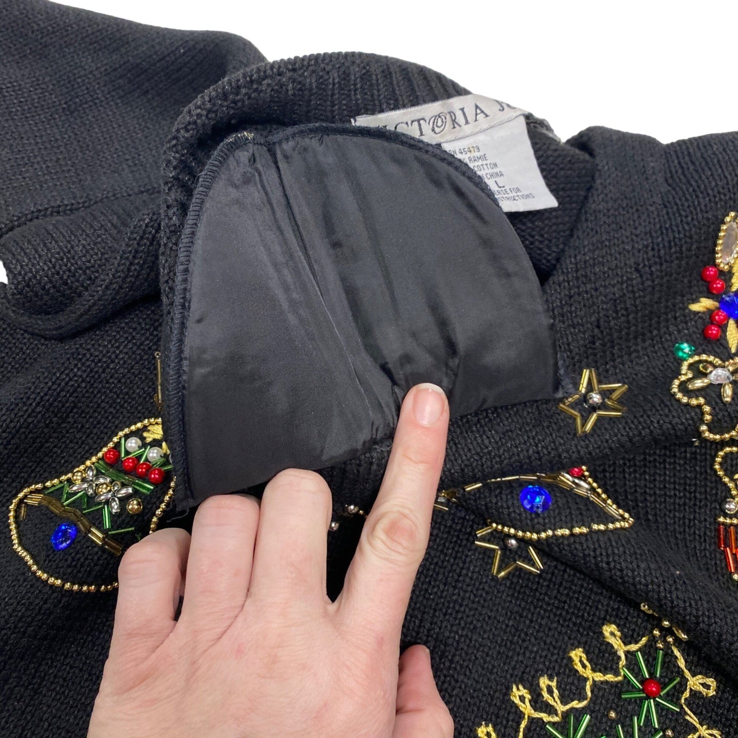 Womens Vtg Christmas Sweater Victoria Jones Black Beaded Tunic Shoulder Pads L