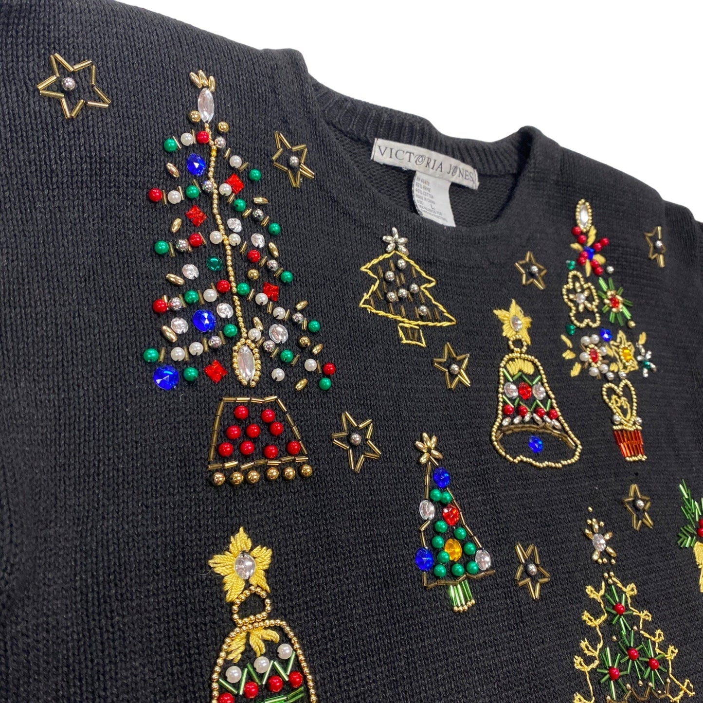 Womens Vtg Christmas Sweater Victoria Jones Black Beaded Tunic Shoulder Pads L
