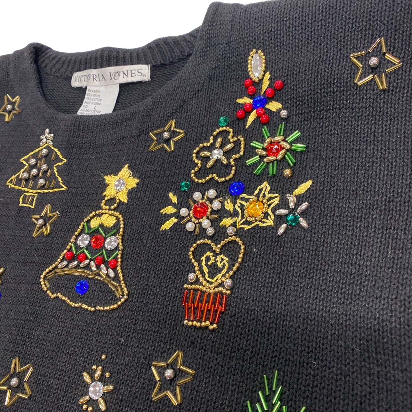 Womens Vtg Christmas Sweater Victoria Jones Black Beaded Tunic Shoulder Pads L