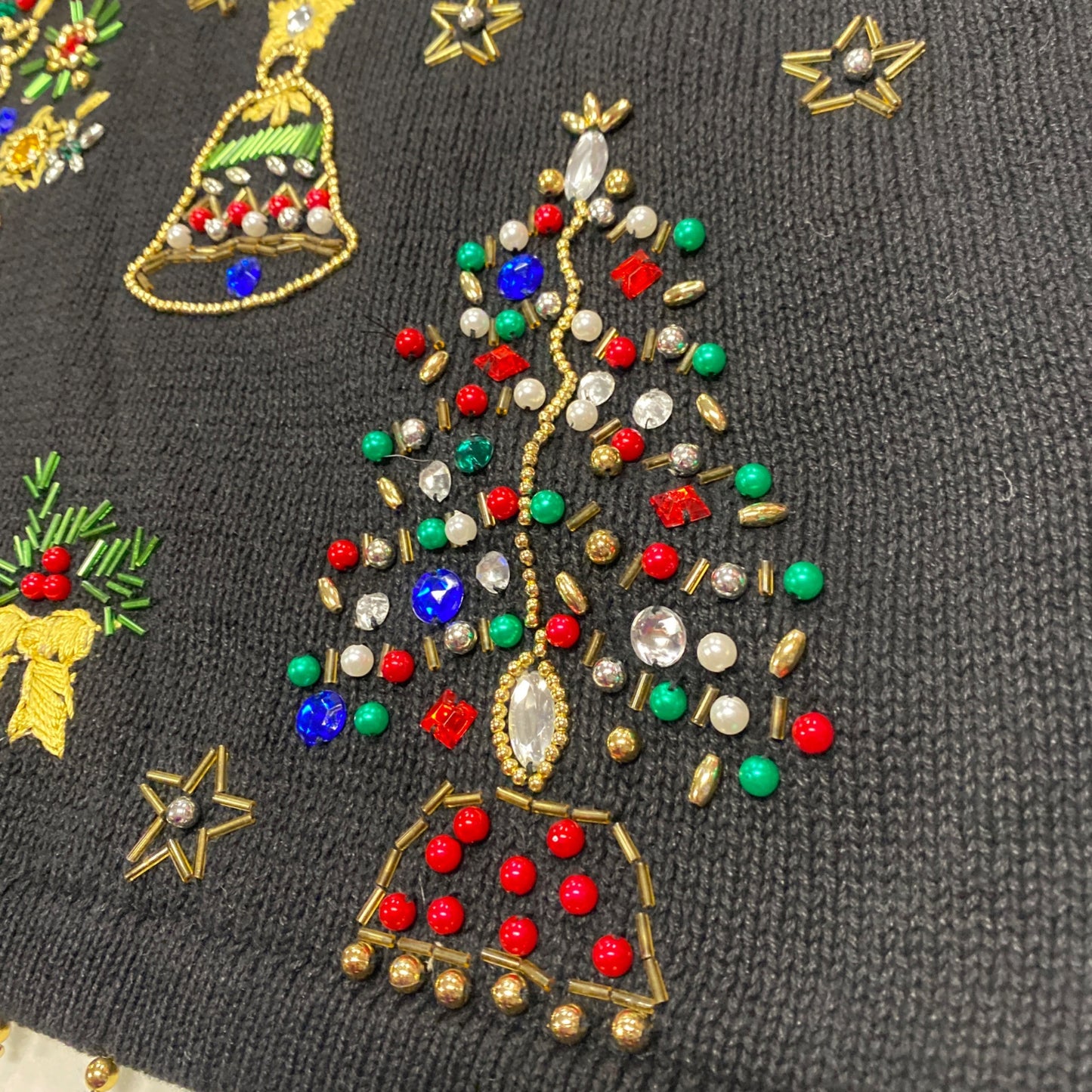 Womens Vtg Christmas Sweater Victoria Jones Black Beaded Tunic Shoulder Pads L
