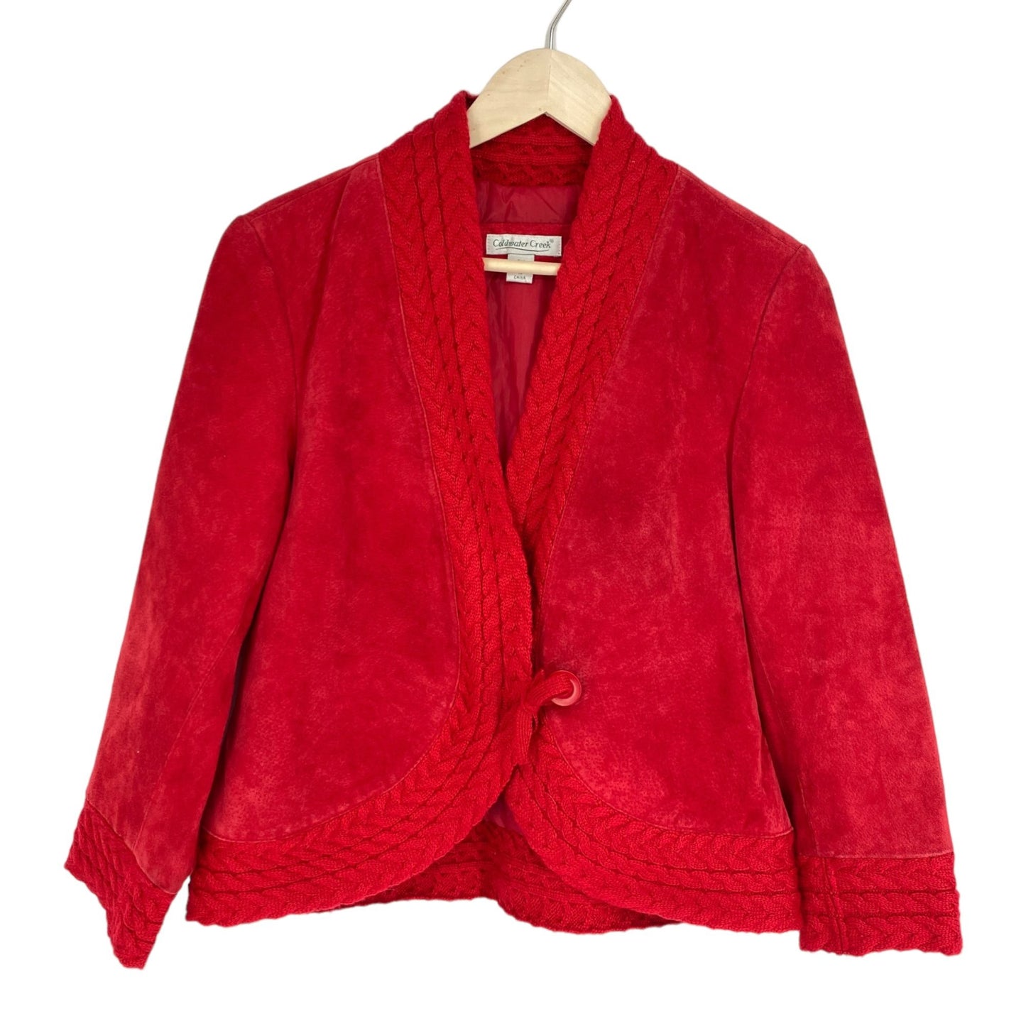 Coldwater Creek Womens PM Red Suede Jacket Button Loop Closure Crotchet Accent