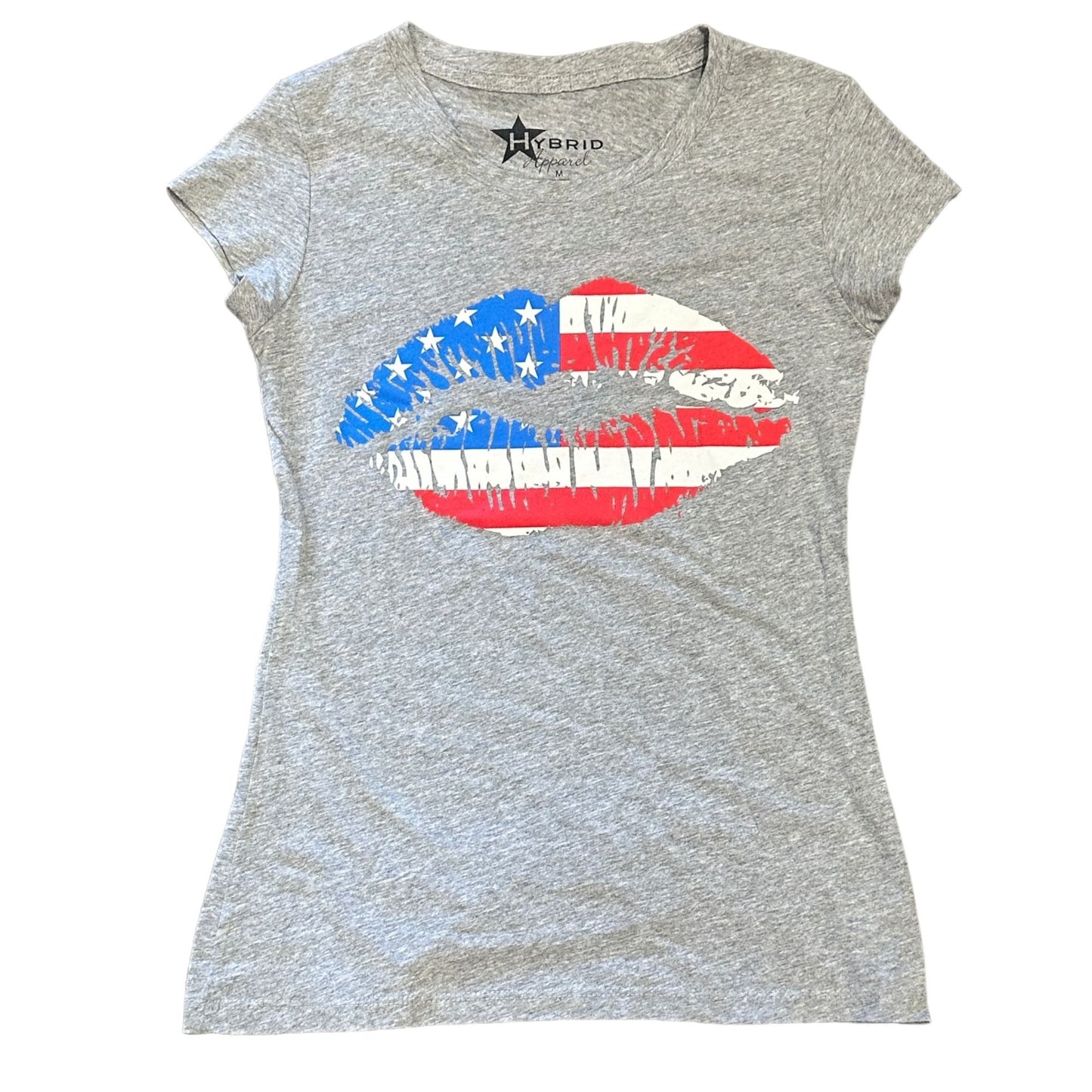 Hybrid Apparel Womens M Patriotic Kiss Tshirt USA Flag Lips Gray Short Sleeve