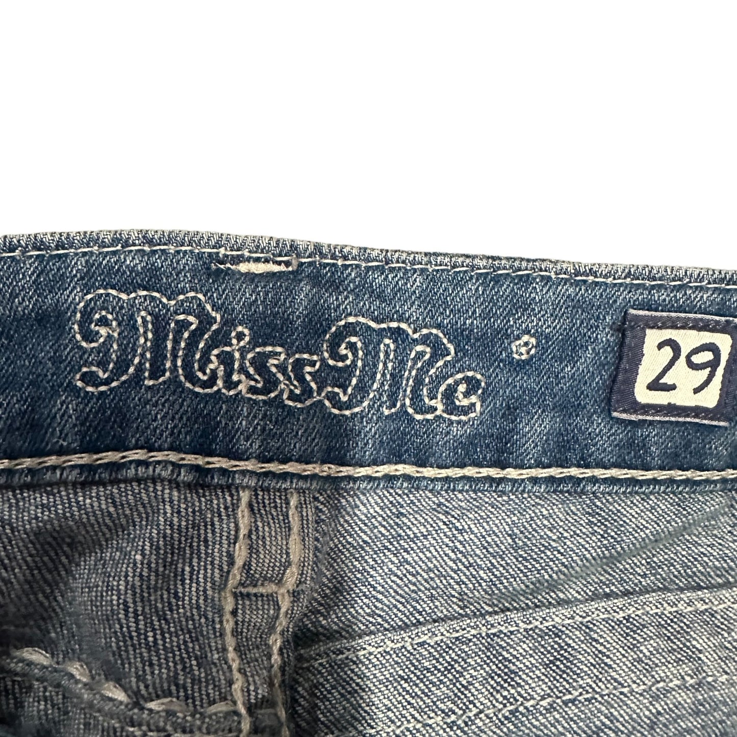 Miss Me 29 Skinny Blue Jeans Distressed Thick Stitch Studs Fleur De Lis Pockets