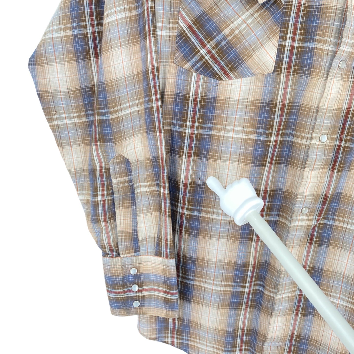 Plains Western Wear L Pearl Snap Button Up Brown Blue Red Plaid Long Sleeve Thin