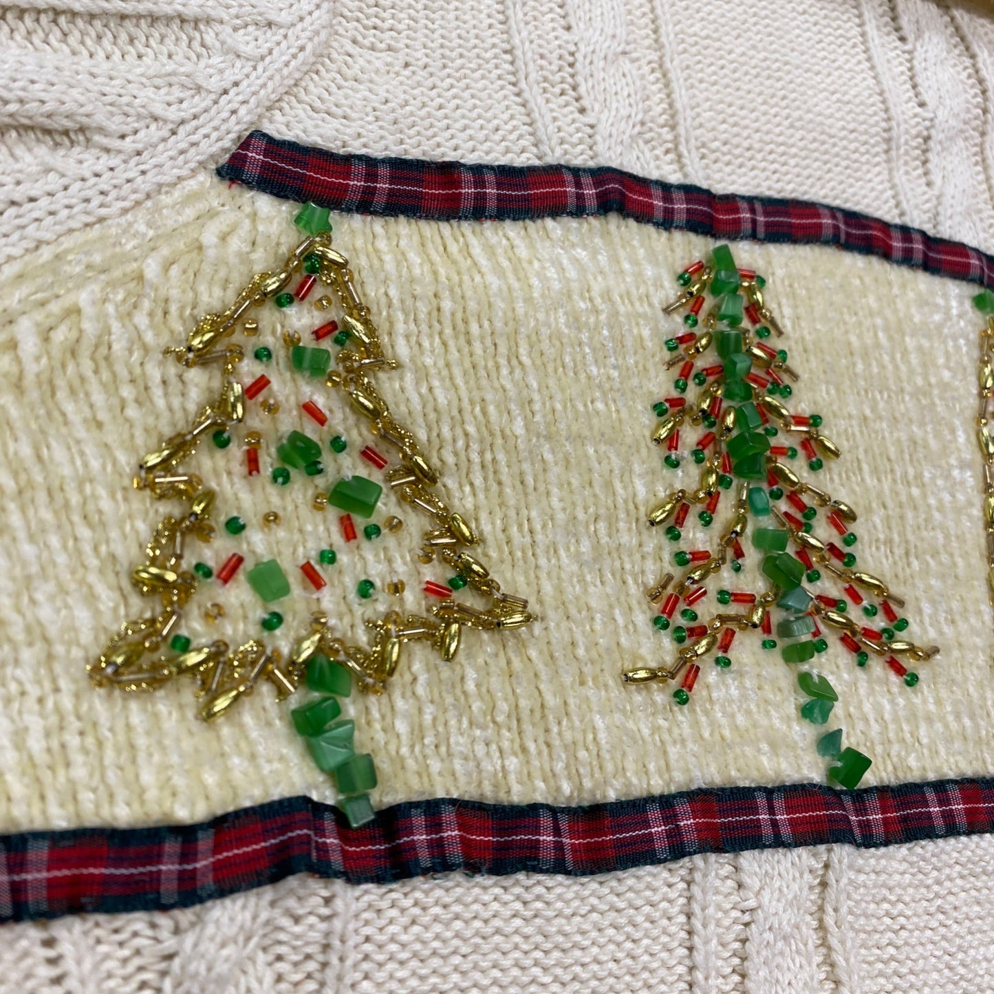 Storybook Knits XL Ivory Christmas Sweater Full Zip Cable Collar Beaded Trees