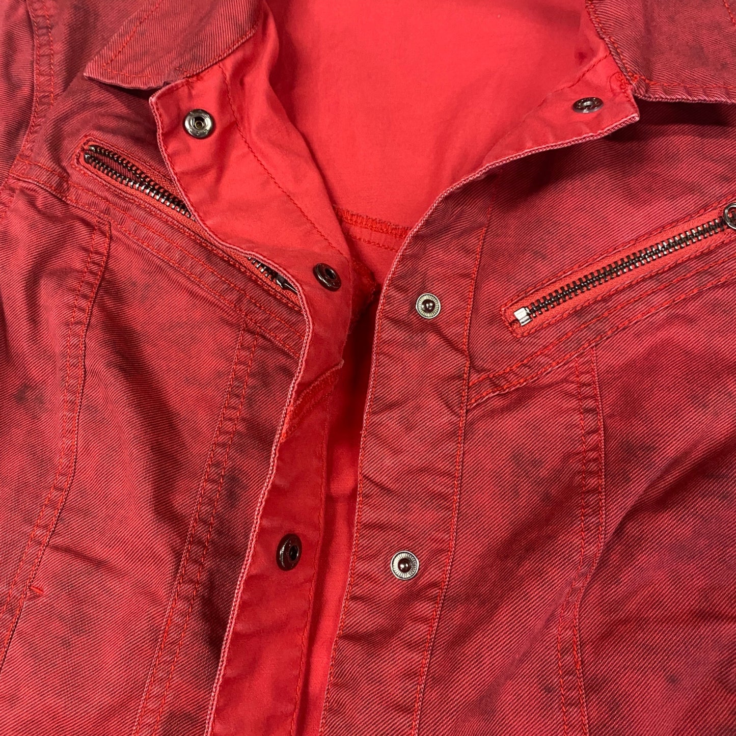 Rock Republic S Red Denim Jacket Snap Front Zipper Accent Pockets Grunge Collar