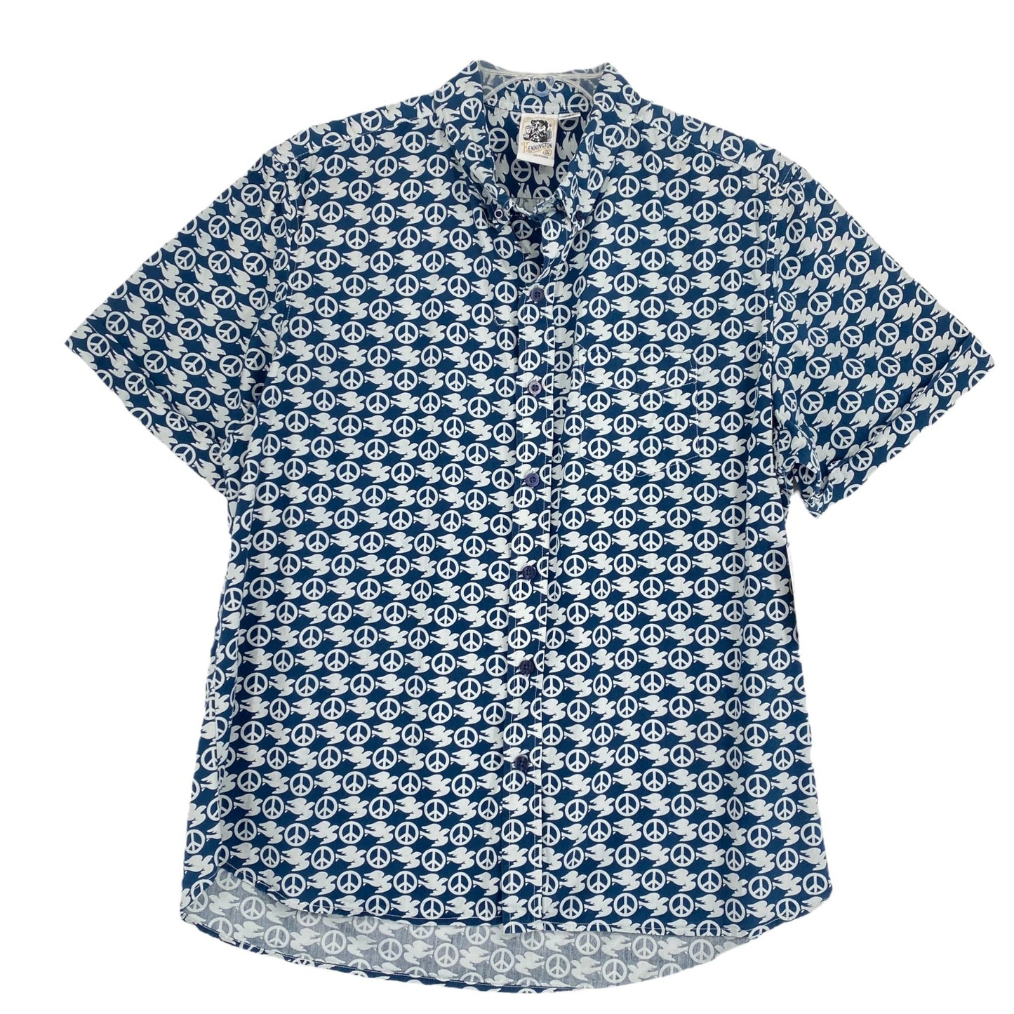 Kennington Mens XXL Blue Shirt Button Down Short Sleeve Dove Peace Sign Print