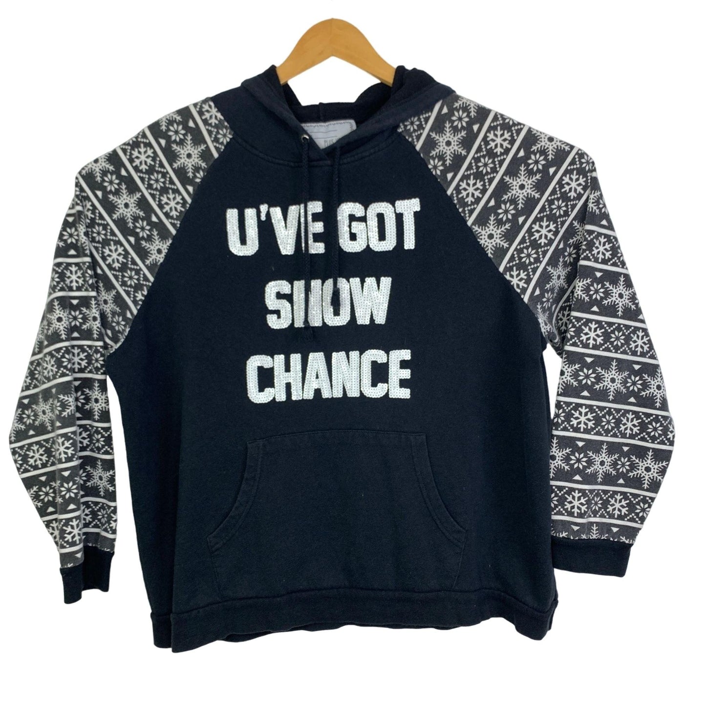 With Love Derek 2X Christmas "U've Got Snow Chance" Hoodie Black Sequin Snow