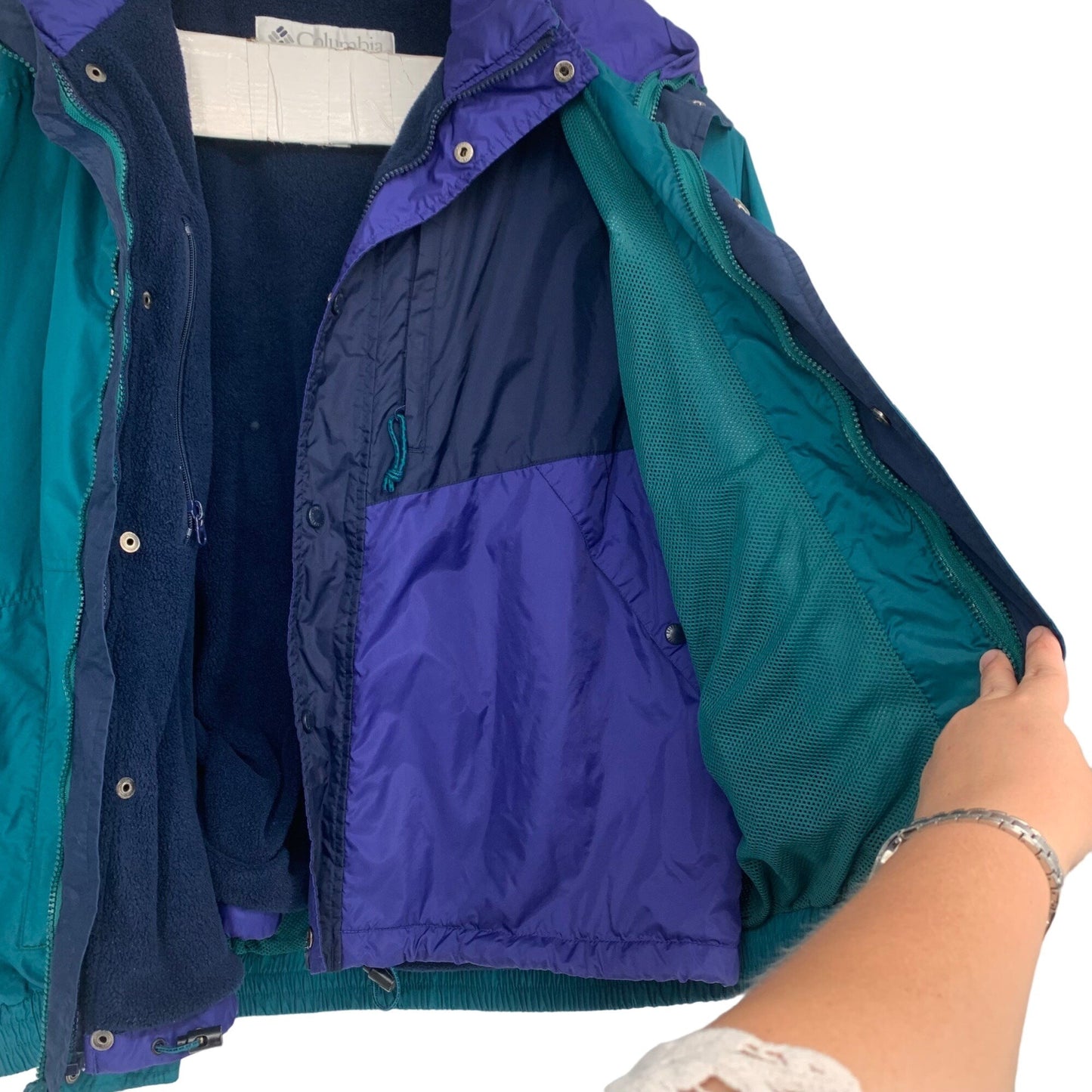 Vintage Columbia XL 2 In 1 Jacket Teal Purple Fleece Lined Zipper Pockets Full Zip