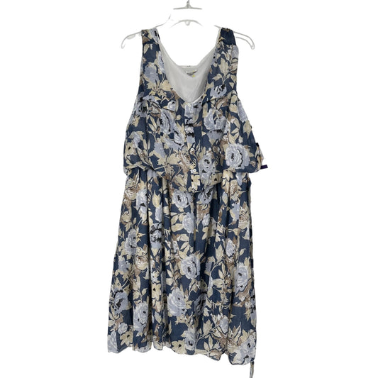 Avenue 30/32 Blue Floral Sleeveless Dress Button Front Flowy Belted Pockets