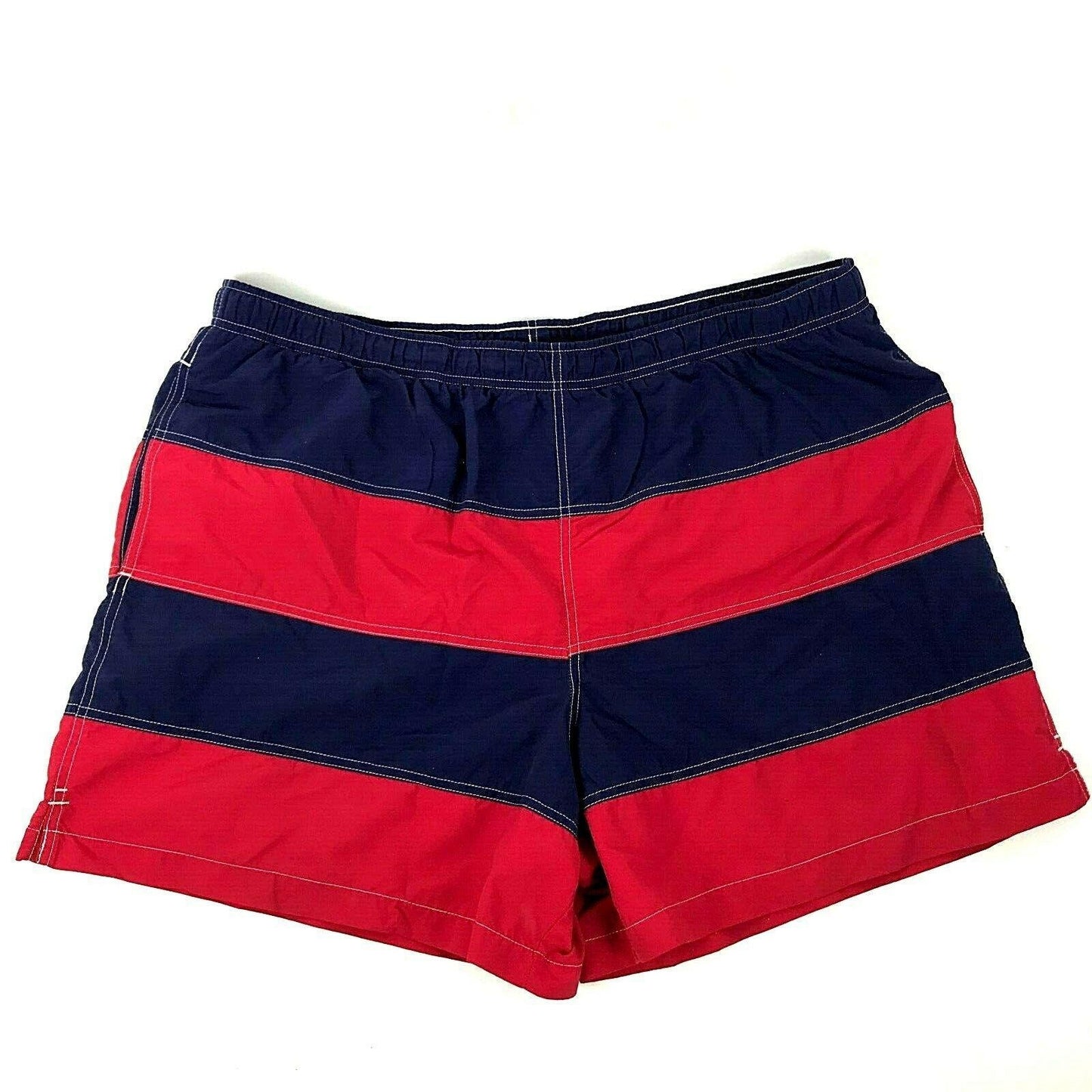 Lands End XXL 44-48 Red Blue Drawstring Swim Trunks Elastic Waist Lined Pockets