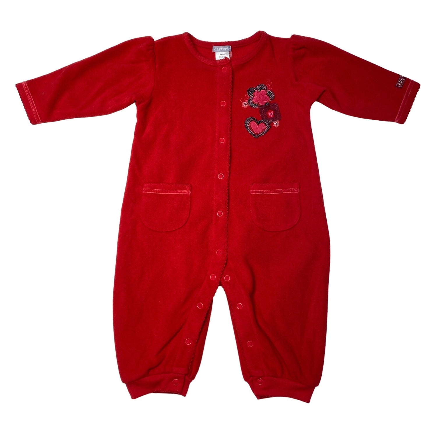 Carters 9M Red Fleece Onesie Full Snap Pretty Heart Floral Embroidered Valentine