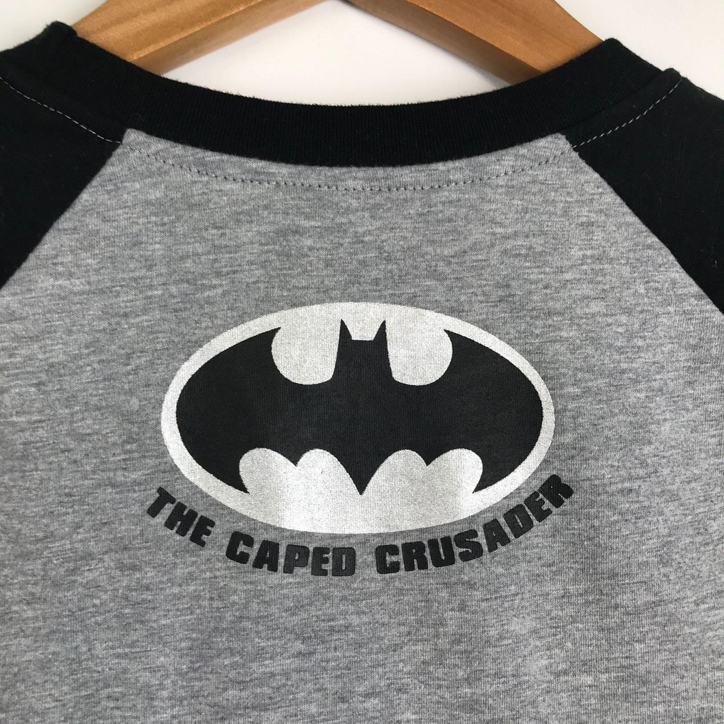 Batman XL 14/16 Raglan TShirt Double Sequin Bat The Caped Crusader Black Gray