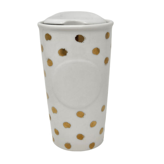 Starbucks 2014 White Gold Polka Dot 10 oz Ceramic Travel Coffee Tumbler with Lid