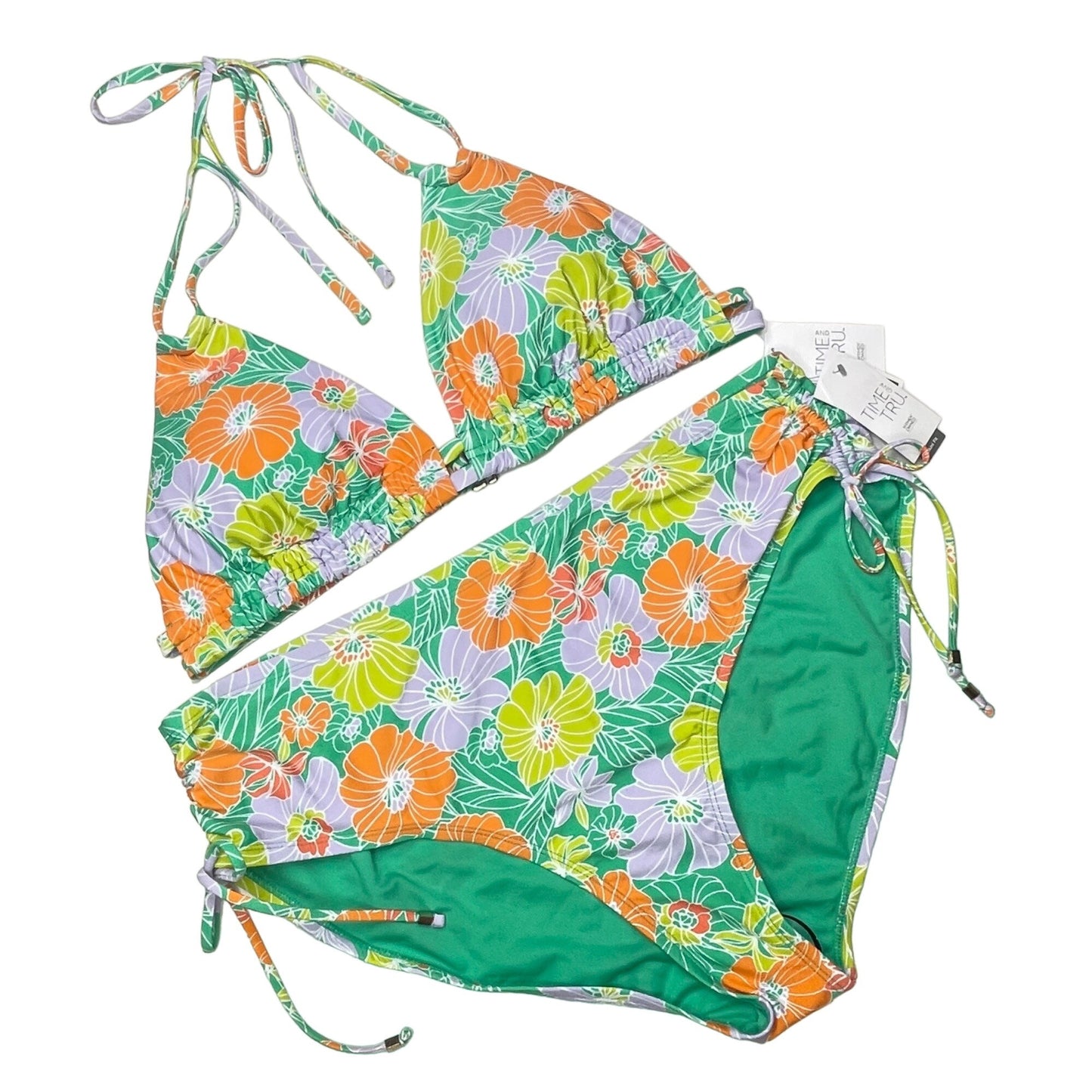 NWT Time and Tru 1XL Floral String Bikini Mid Rise Bottoms Green Bright Swimwear