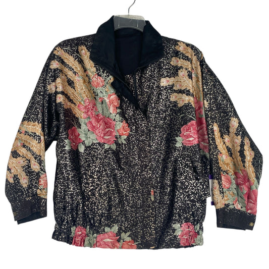 Vintage 80s Womens XL Reversible Floral Satin Bomber Jacket Black Full Zip Snap