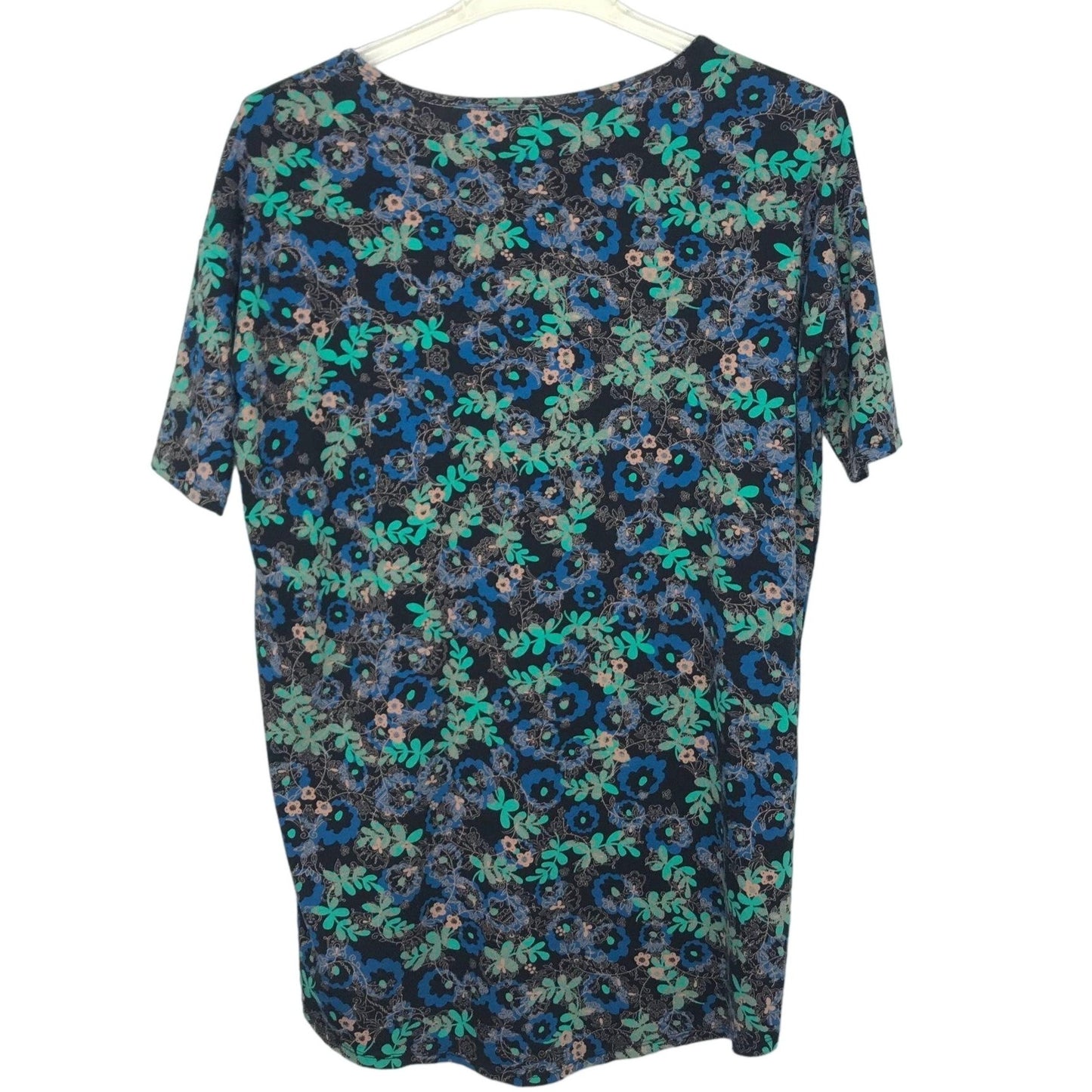 LuLaRoe XS Perfect T Tunic Top Short Sleeve HiLo Hem Blue Green Floral Print