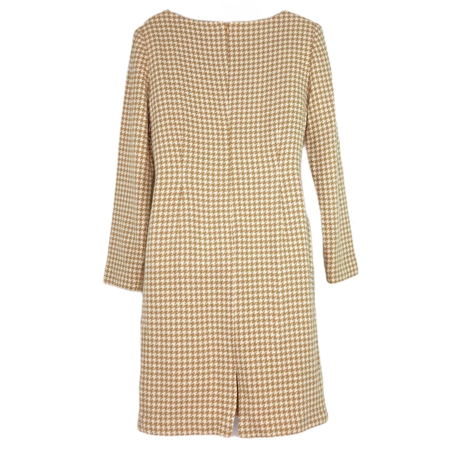 Chadwicks 12 Shift Dress Beige Houndstooth Long Sleeve Round Neck Knee Length