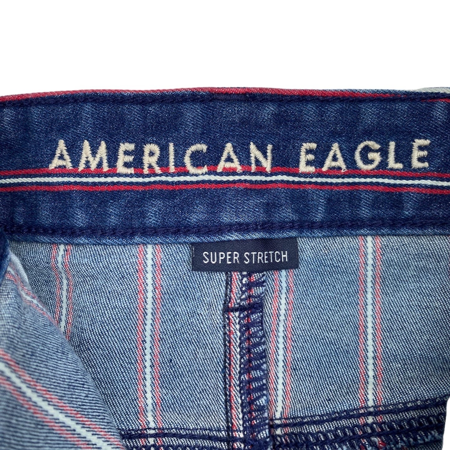 American Eagle 12 Mini Skirt Red White Blue Jean Striped Raw Hem Super Stretch