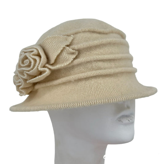 Lawliet Women Cream Cloche Hat Cap Wool Knit Gatsby Floral Accent Packable Retro