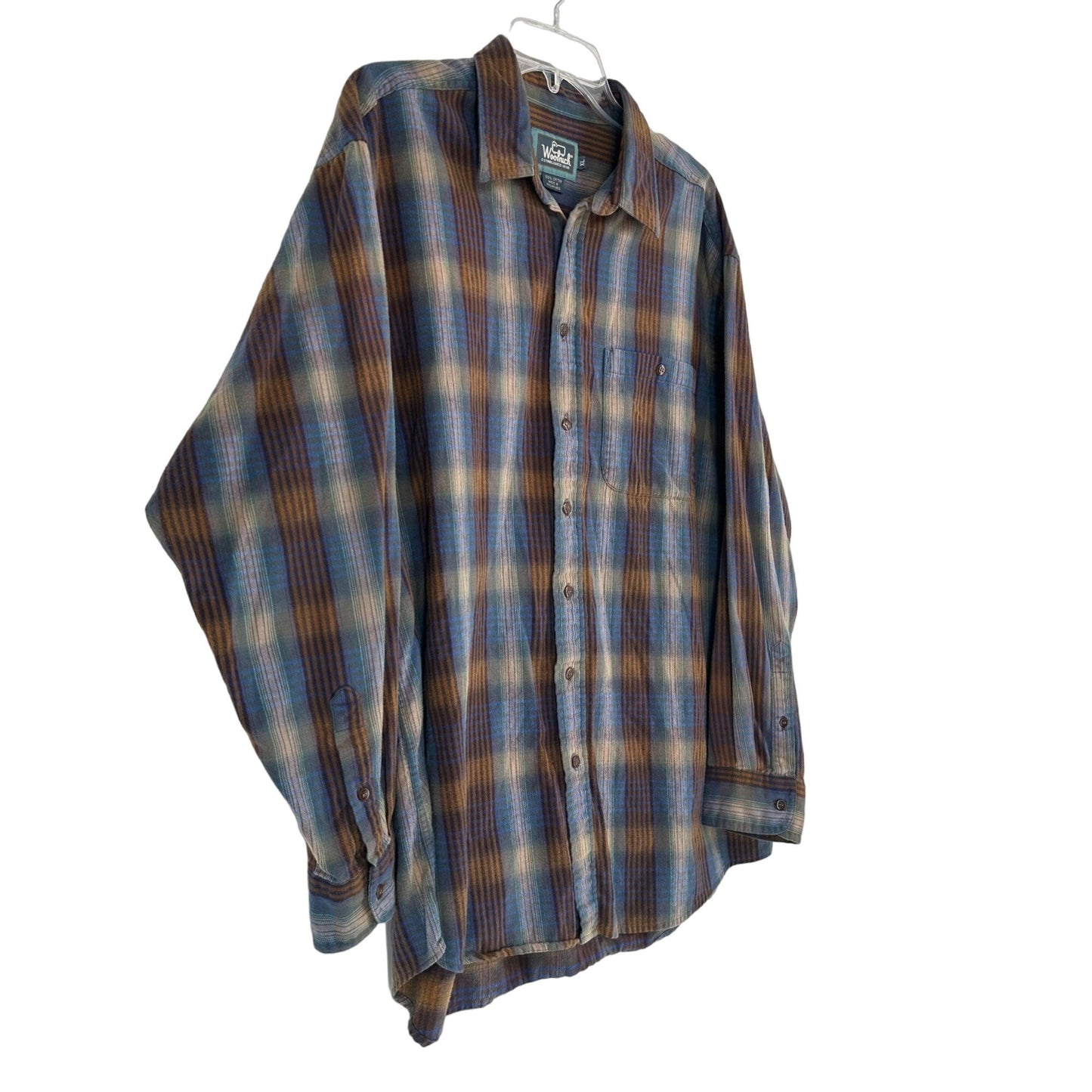 Woolrich XL Long Sleeve Light Flannel Button Front Blue Brown Plaid Front Pocket