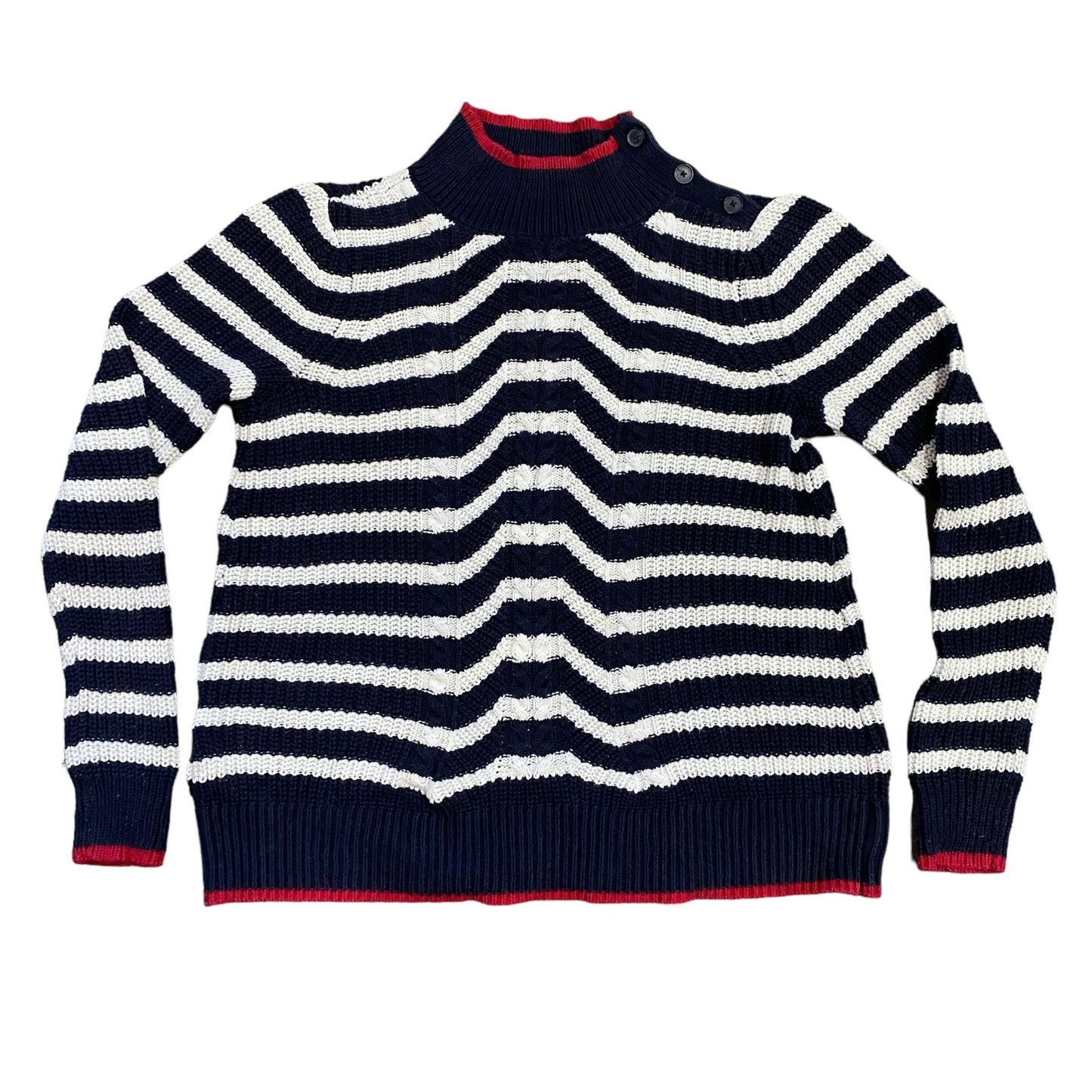 LOFT S Striped Sweater Blue Red White Mock Neck Boyfriend Cable Knit Ribbed