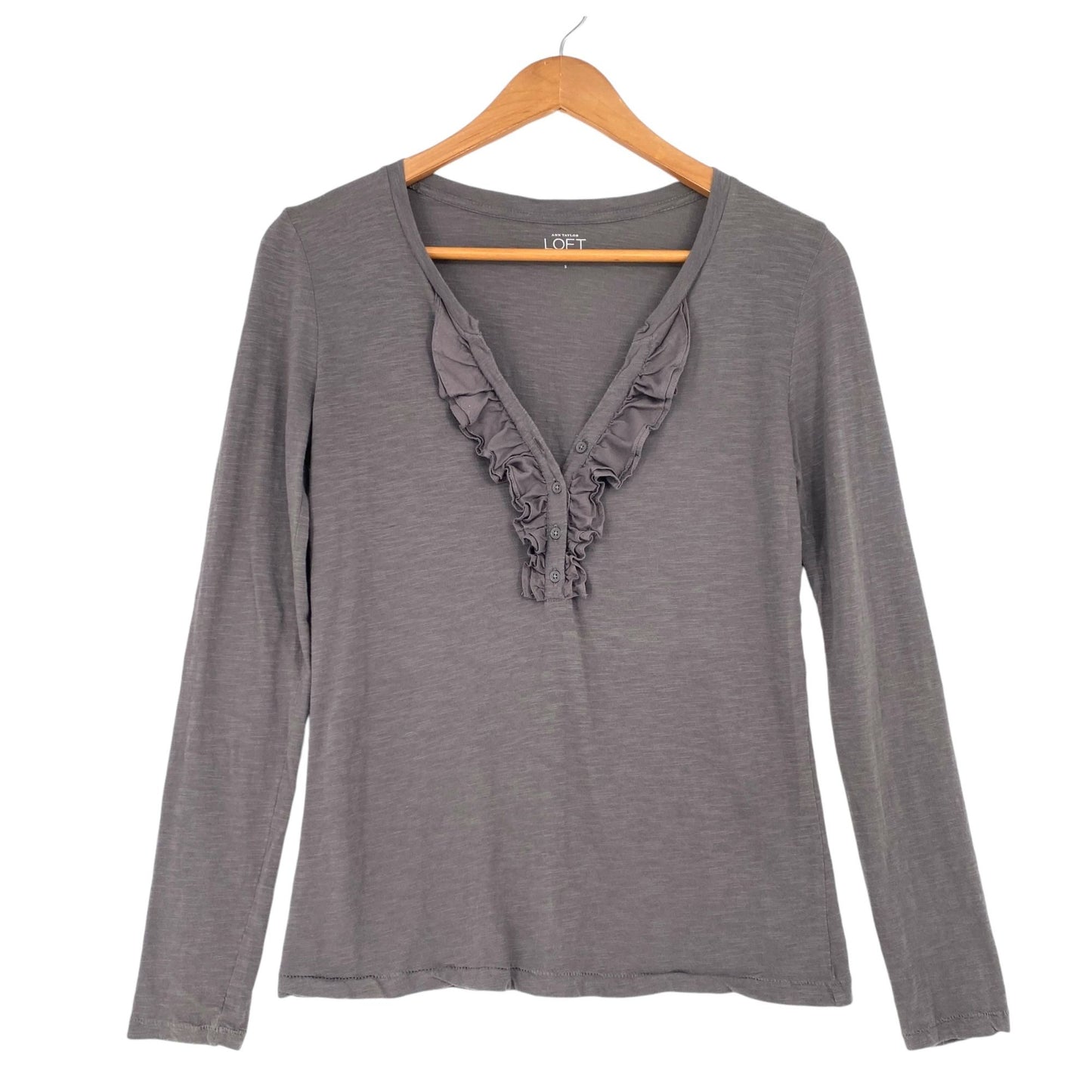 Ann Taylor Loft Womens S Long Sleeve Gray Top Ruffled VNeck Blouse