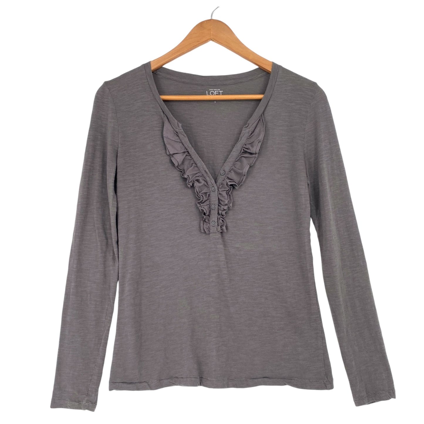 Ann Taylor Loft Womens S Long Sleeve Gray Top Ruffled VNeck Blouse