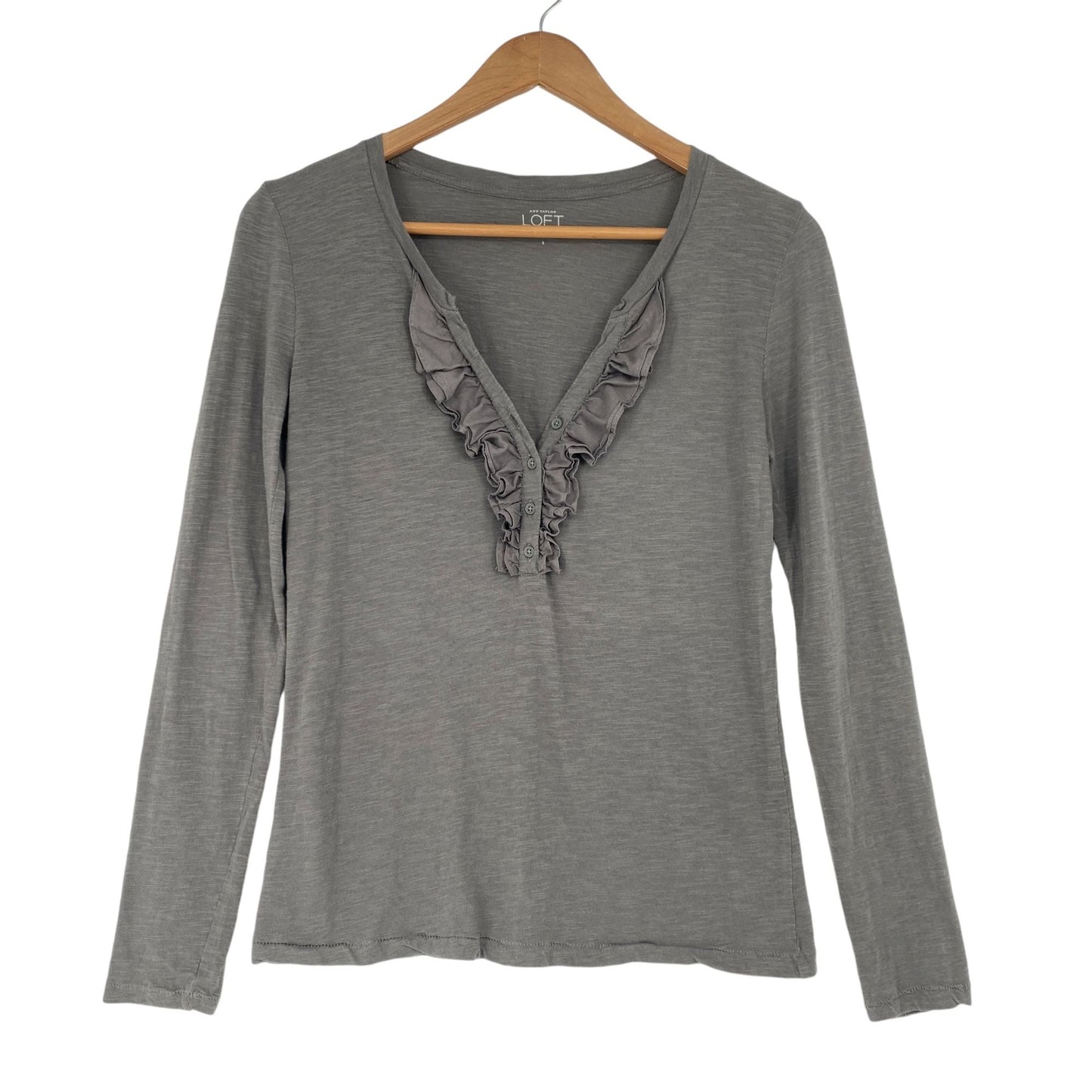 Ann Taylor Loft Womens S Long Sleeve Gray Top Ruffled VNeck Blouse