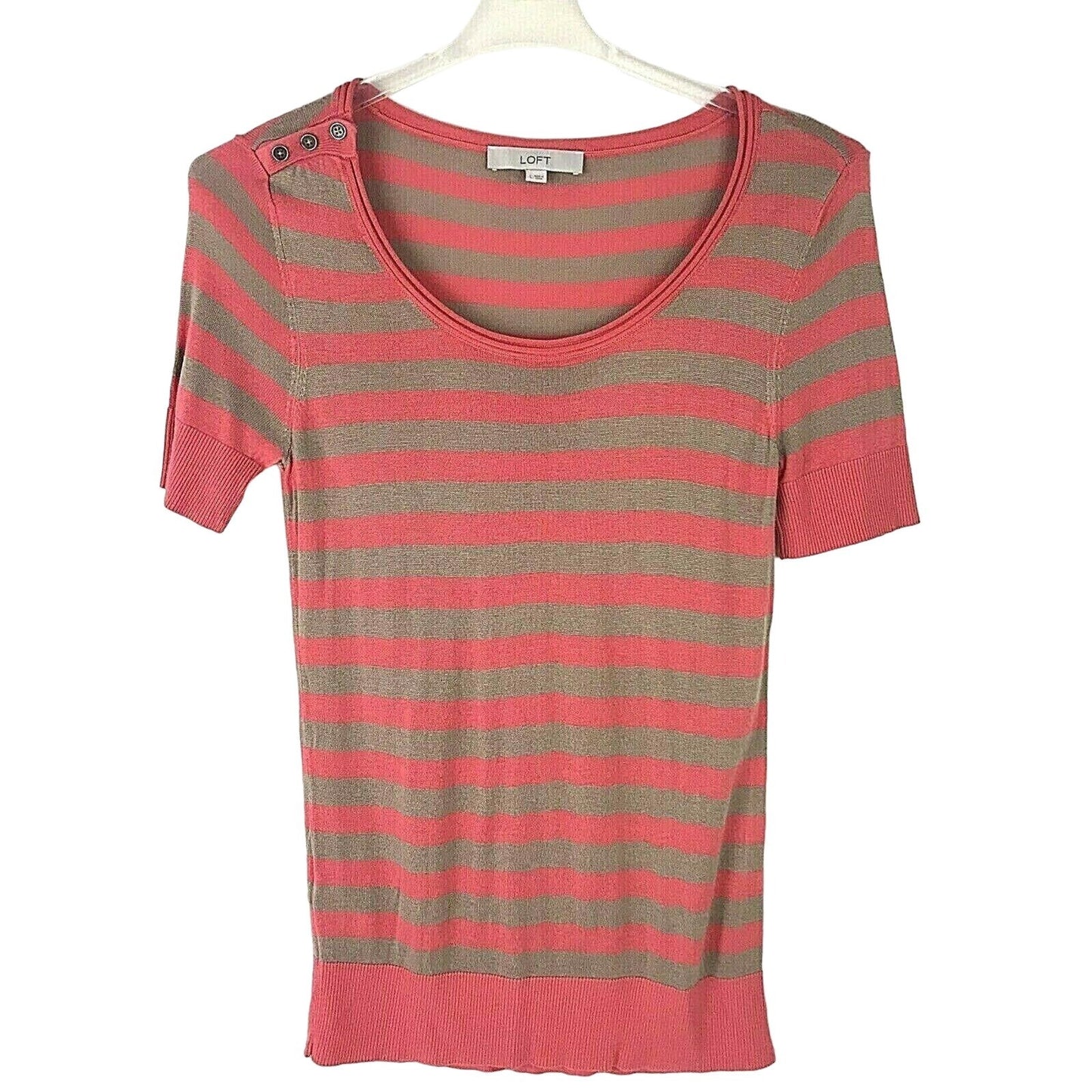 Loft L Pink Striped Blouse Button Shoulder Short Sleeve Knit Top Scoop Neck