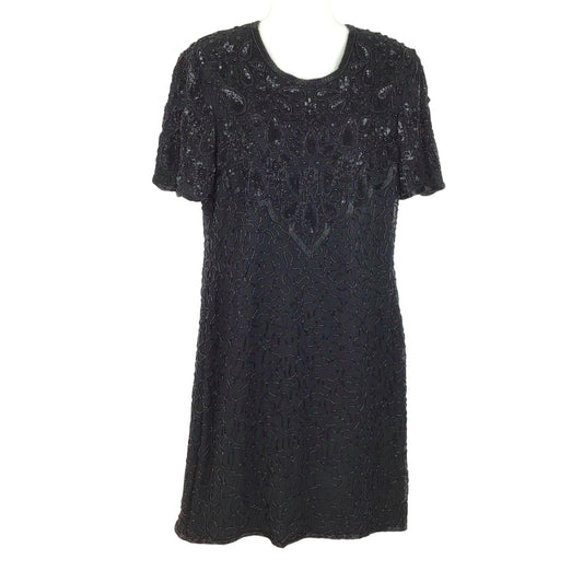 Vtg Night Vogue Silk Beaded Dress Black Lined Zipper Evening Wear Cocktail Large