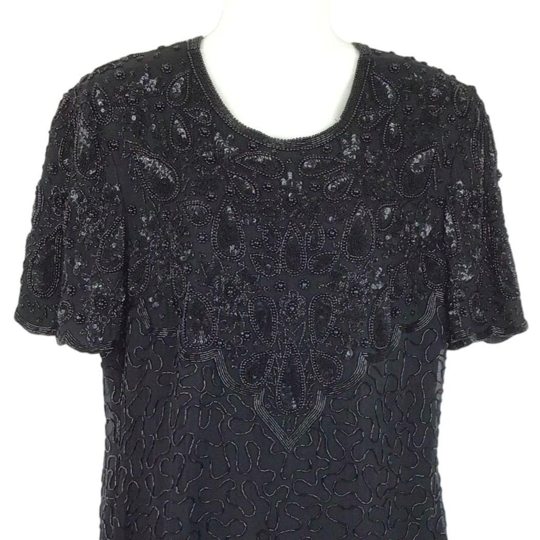 Vtg Night Vogue Silk Beaded Dress Black Lined Zipper Evening Wear Cocktail Large