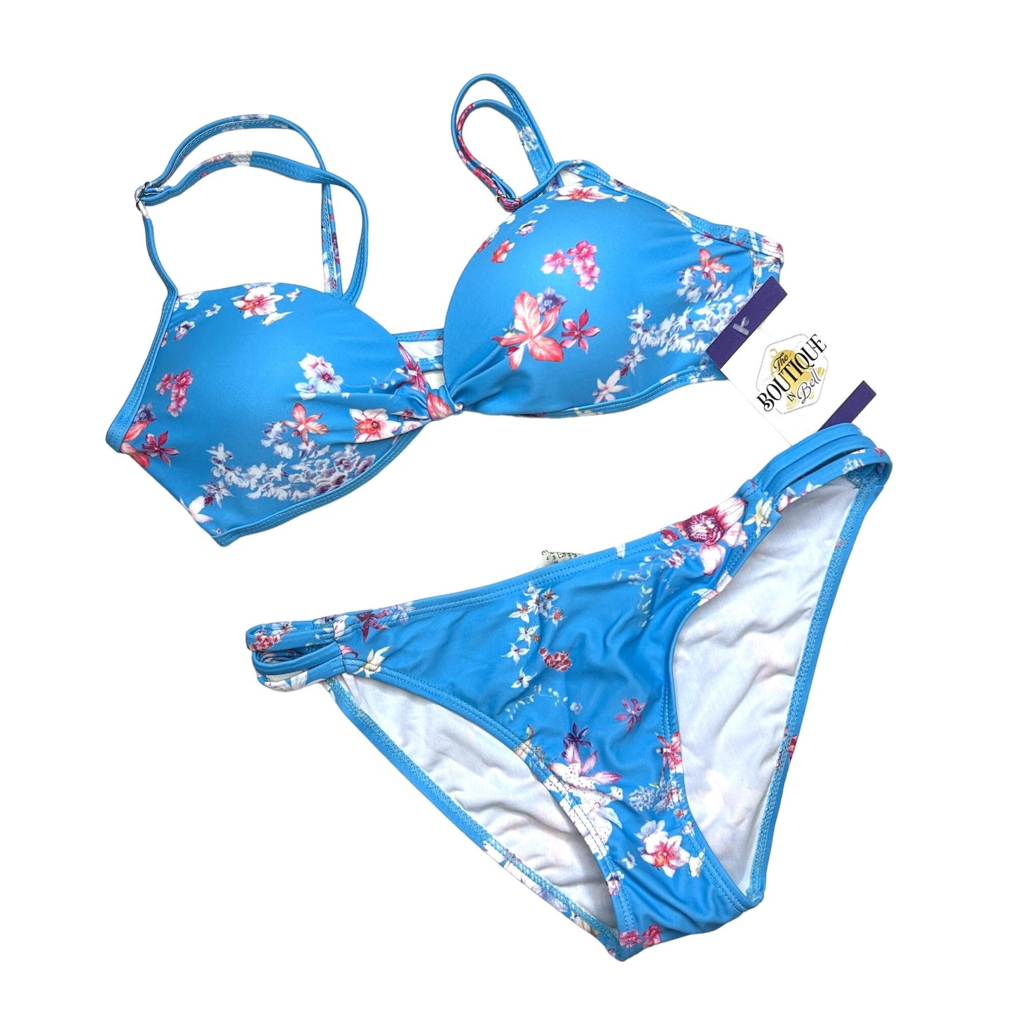 SHEIN Womens S Blue Bikini Swim Suit Floral Print Adjustable Strap Lined Strappy