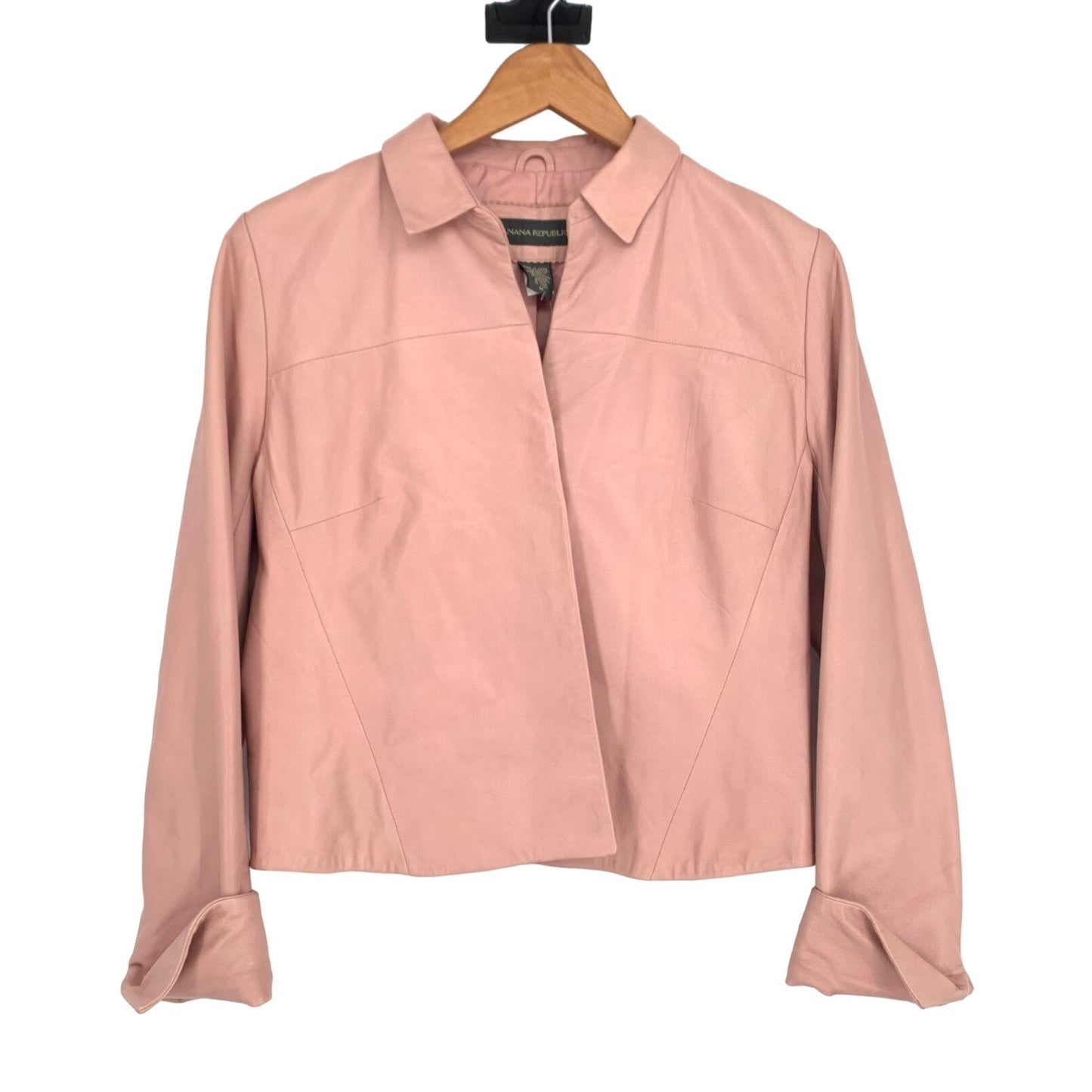 Banana Republic M Plush Pink Soft Leather Jacket Hook Eye Cuffed Collared Casual